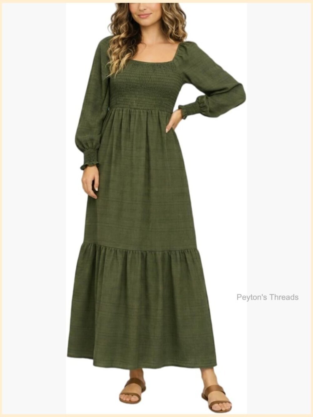 Square Neck Maxi Dress Long Sleeve Tiered Ruffle Cuff Flowy Modest